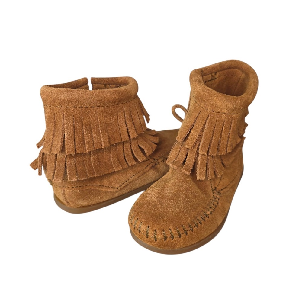 Minnetonka Girls 7 Brown Leather Double Fringe Side Zip Round Toe Ankle Boots